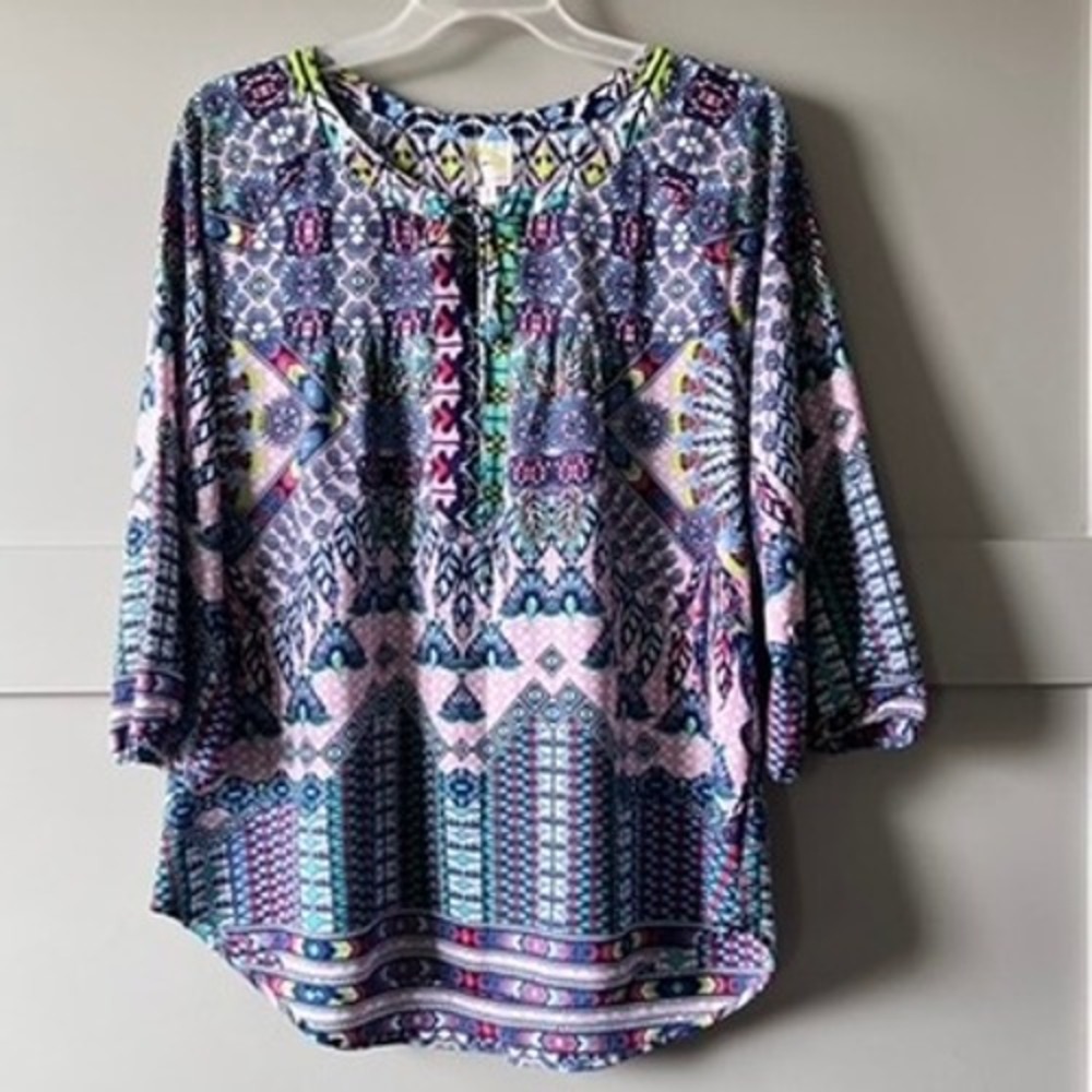 Fig and Flower Womens Large Boho Geometric Print Blouse Pink Blue 3/4 Sleeve L